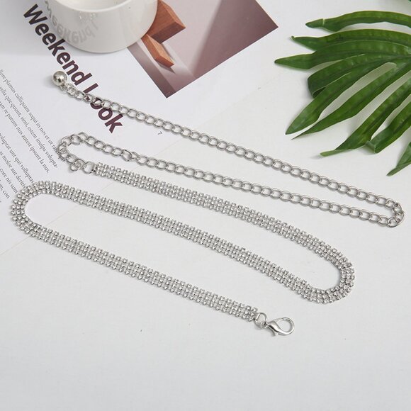 2/$30  Rhinestone Three-Row Chain Belt Silver-Tone Body Chain For Dress Tunic - Picture 5 of 6